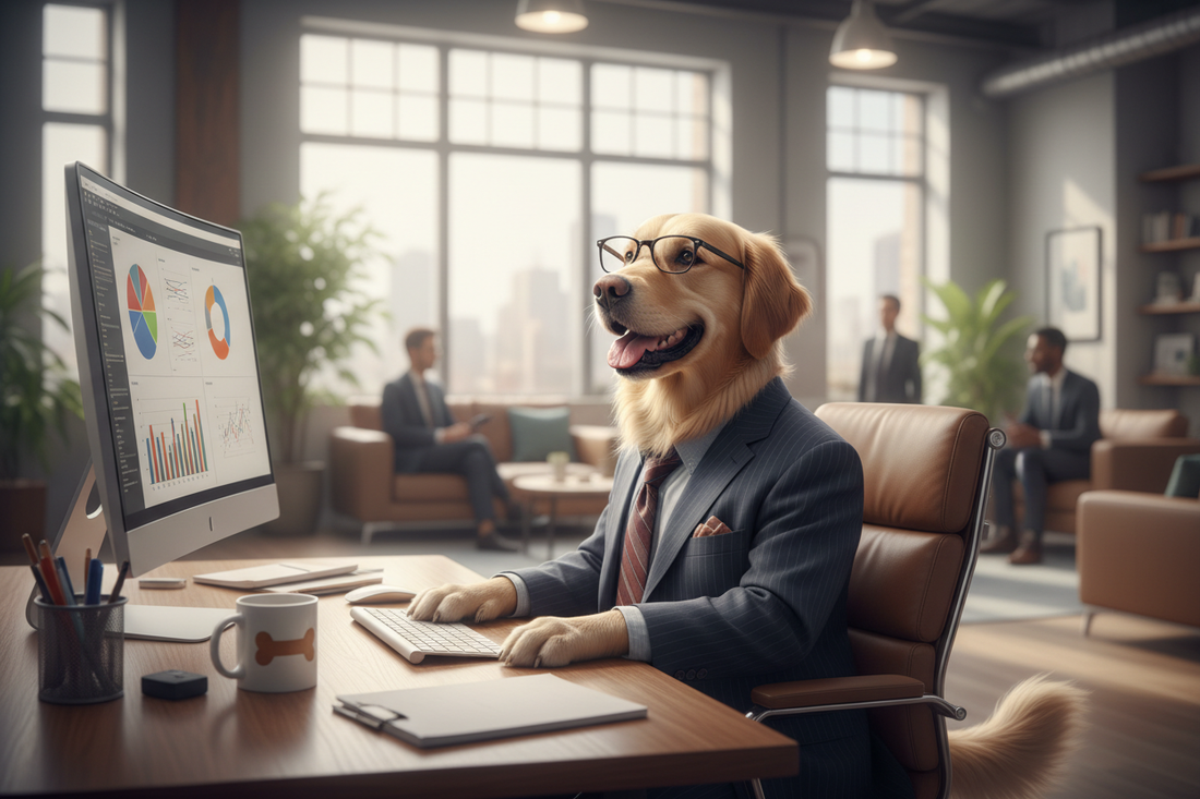 professional dog at an office desk with a computer in a modern workspace