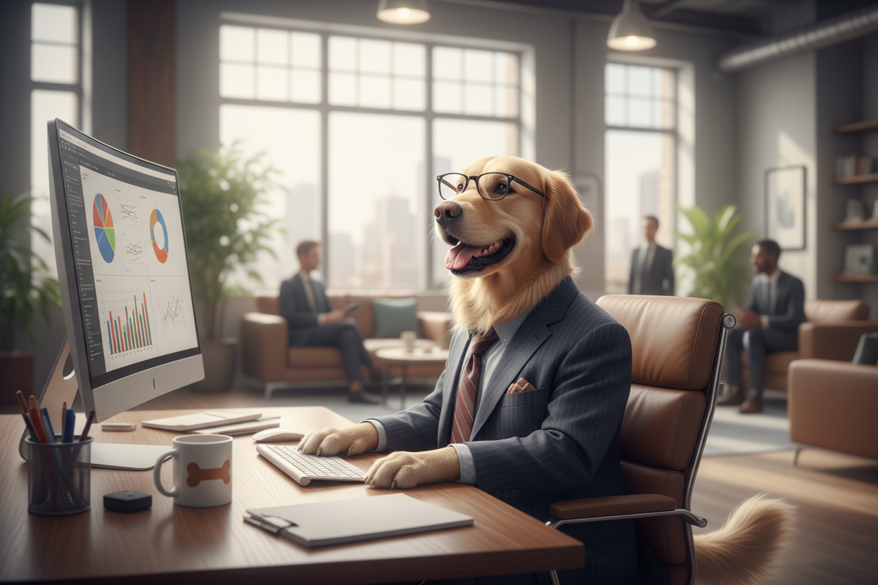 professional dog at an office desk with a computer in a modern workspace