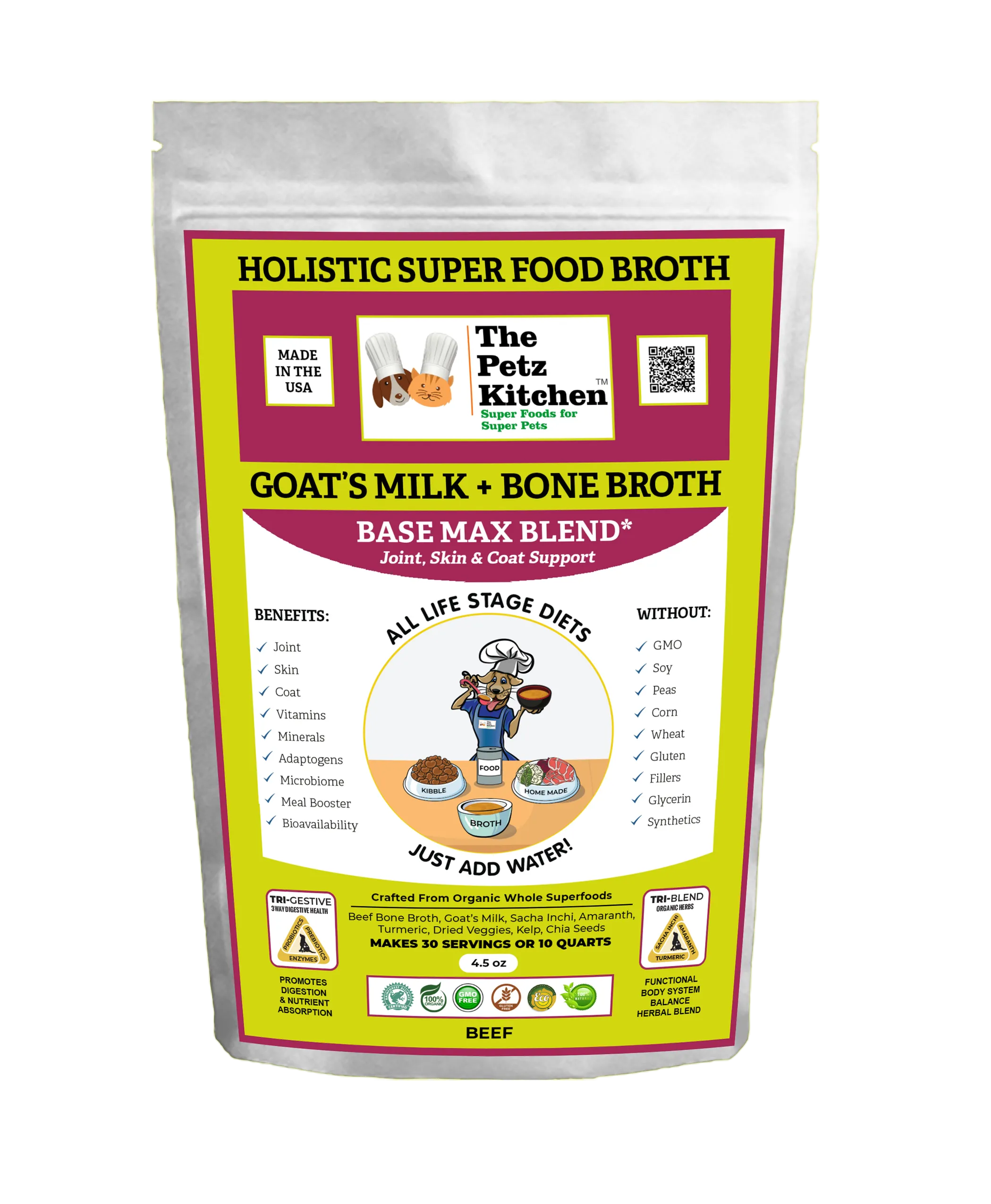 Petz Kitchen Goats Milk & Bone Broth Joint, Skin & Coat Support Broth — Holistic Superfood Blend