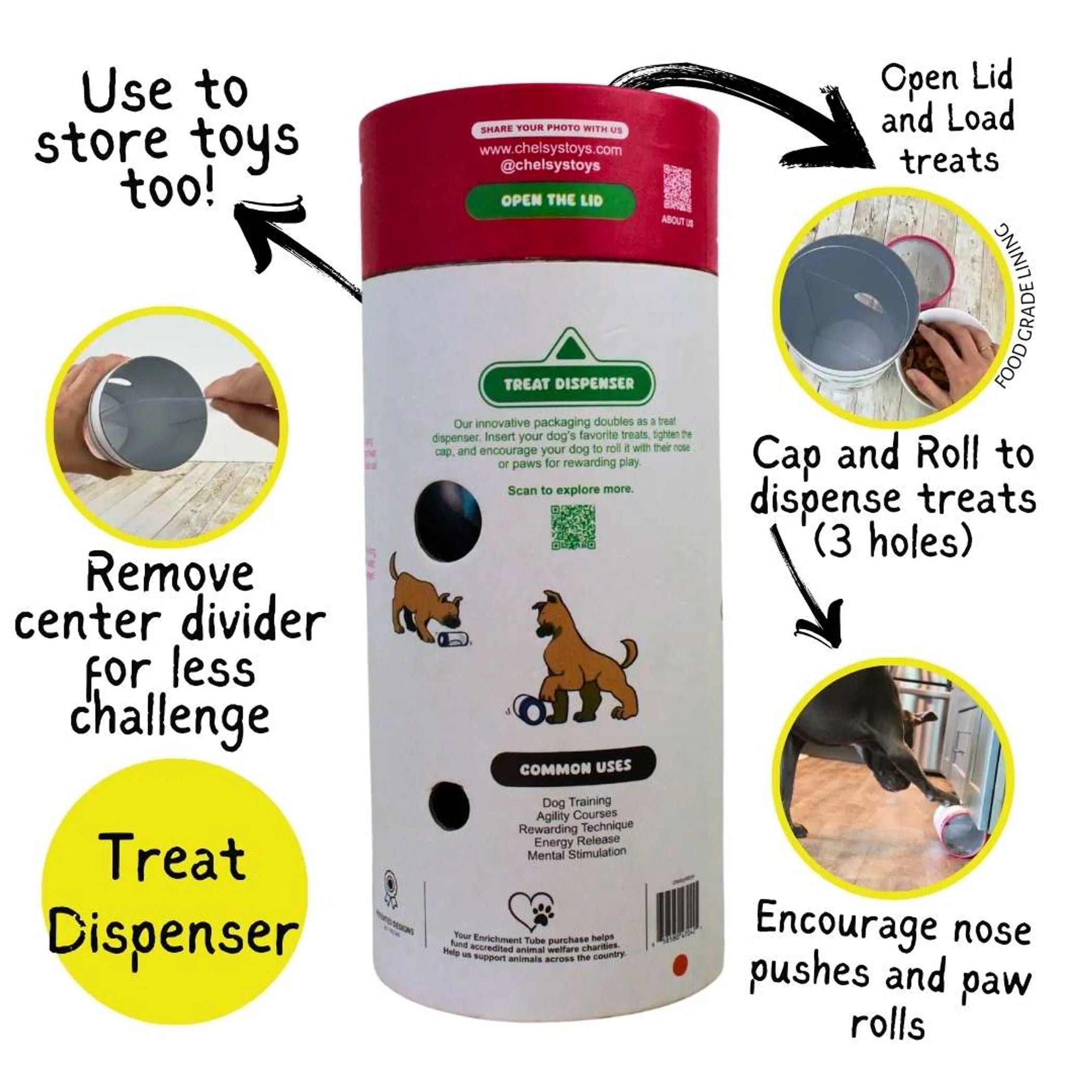 3-in-1 Enrichment Tube — Tug Toy, Treat Dispenser & Snuffle Ball for Dogs