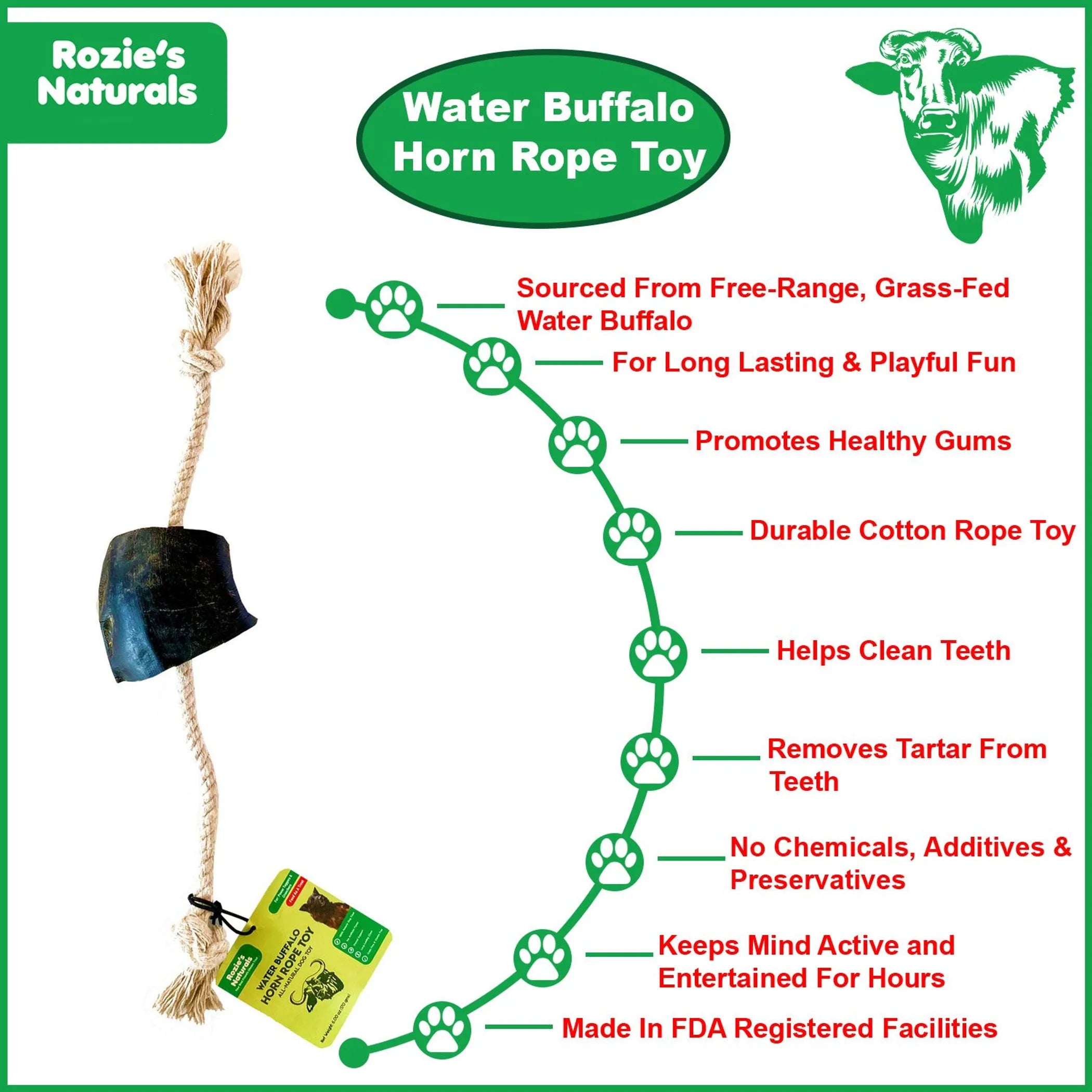 Water Buffalo Horn Rope Tug Toy — Natural Chew, Tug & Dental Toy for Aggressive Chewers