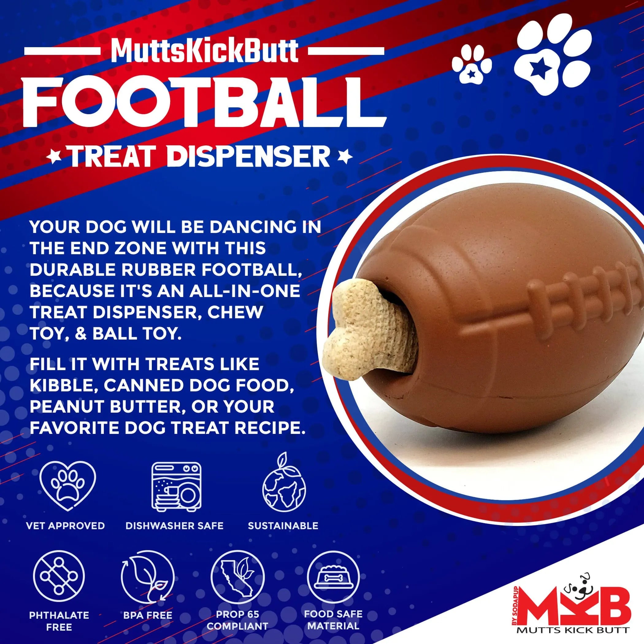 SodaPup Football eDispenser — Durable Rubber Chew Toy & Treat Dispenser for Power Chewers