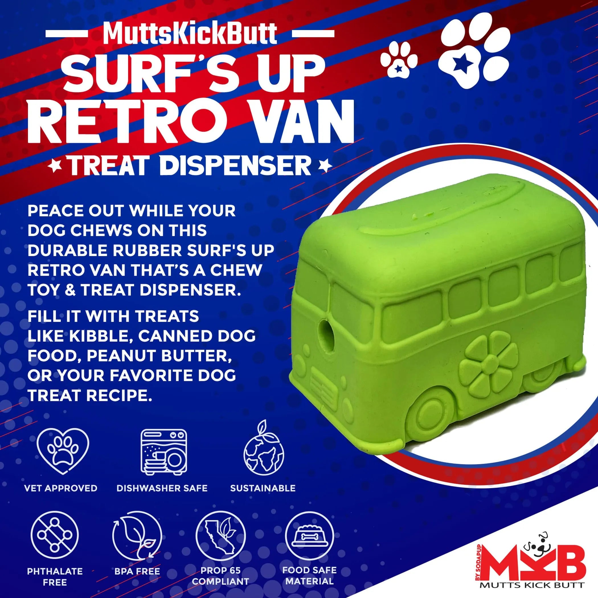 SodaPup Surf's Up! Retro Van eDispenser — Durable Rubber Chew Toy & Treat Dispenser for Large Dogs