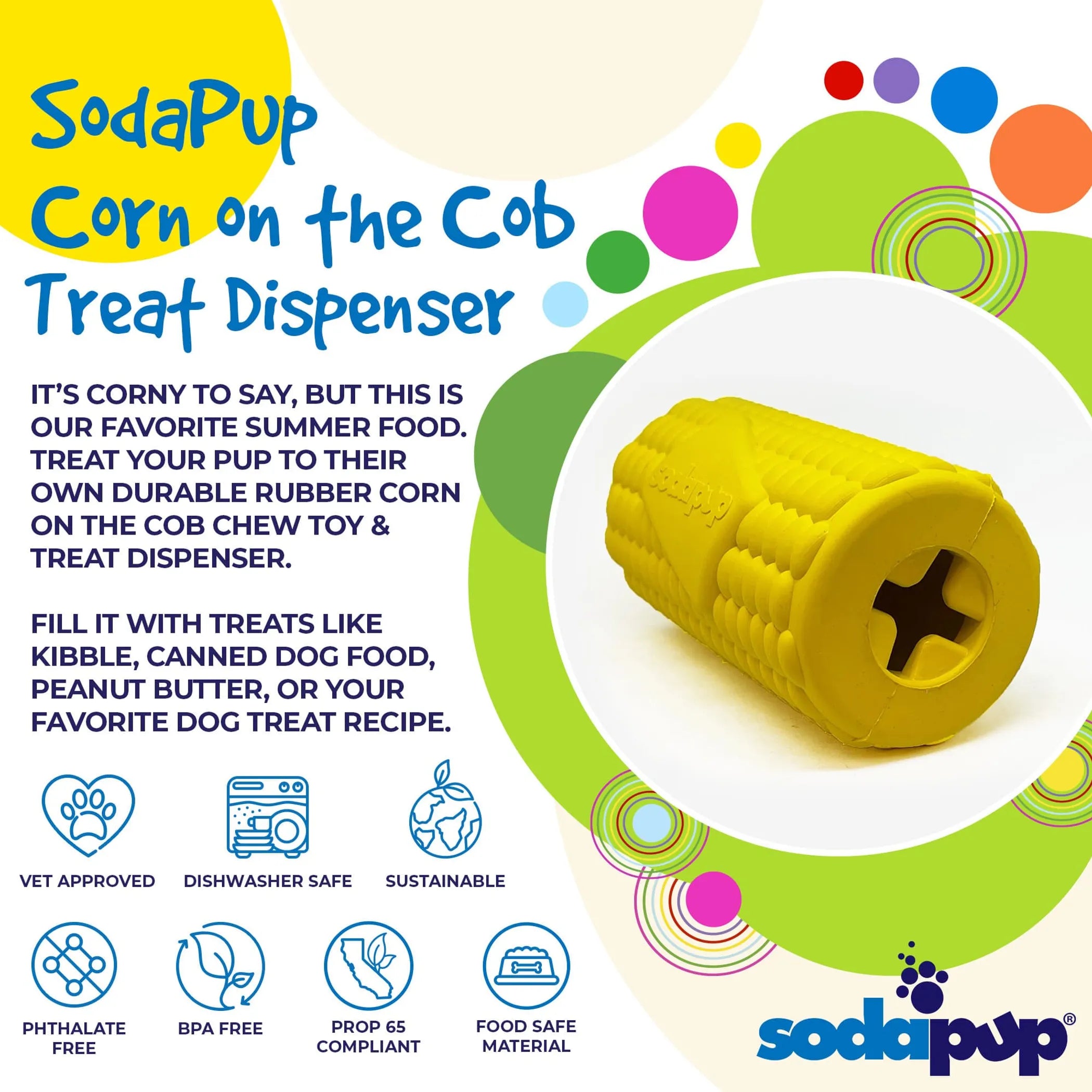 SodaPup Corn on the Cob eDispenser — Durable Rubber Chew Toy & Treat Dispenser for Dogs