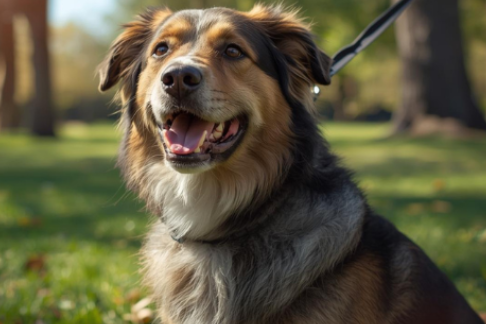 Dog on a leash in a park with trees and grass in the background