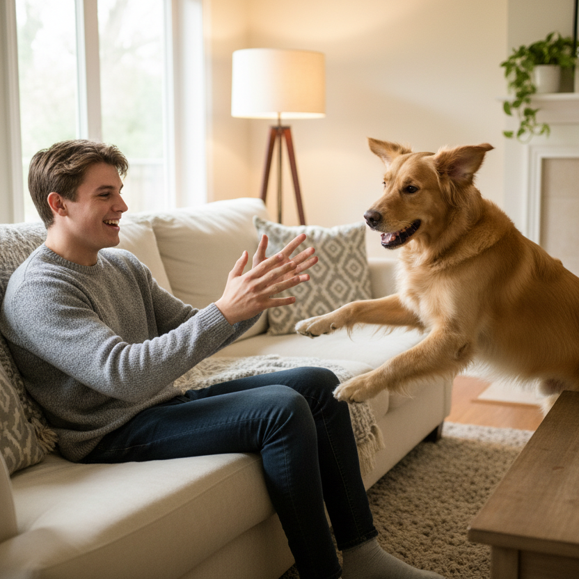 Dog jumping on person's lap