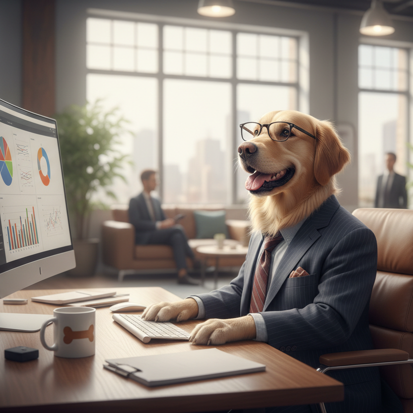 Dog working at office