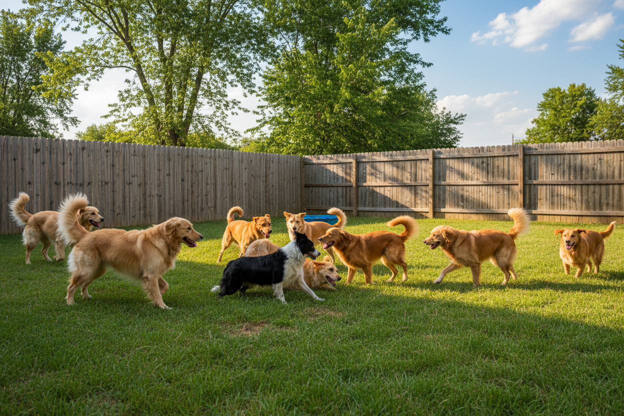 Dogs playing in backyard with wood fence
