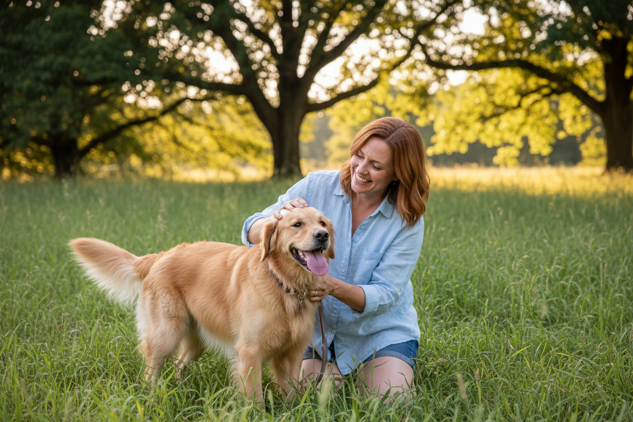 Mujer feliz con perro en la naturaleza