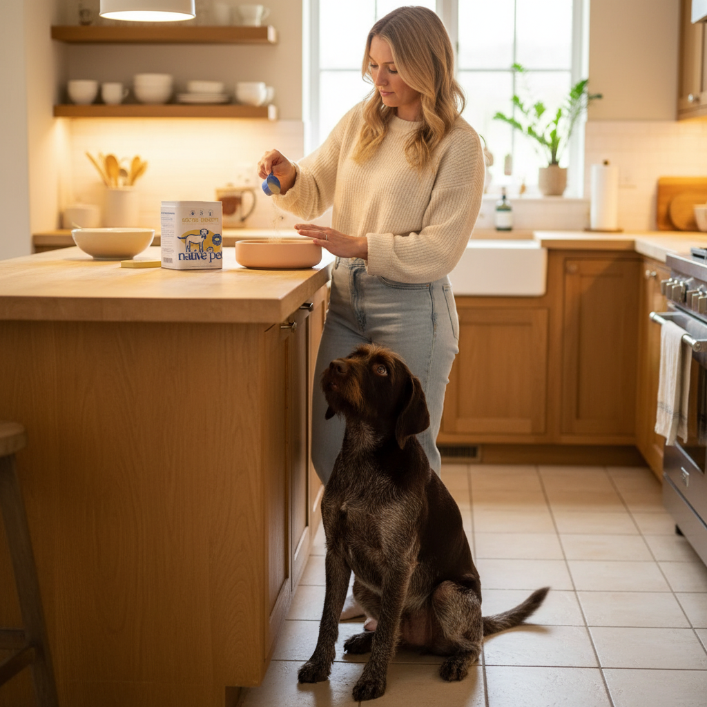 Native Pet Bone Broth - Perro en el suelo
