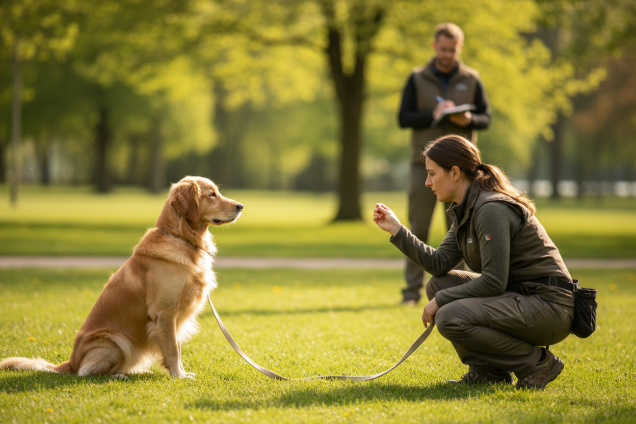 Woman training a dog in a park with another person in the background.
